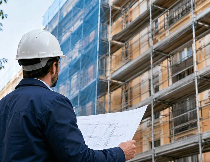 Rehabilitación de fachada en comunidad de propietarios con andamios