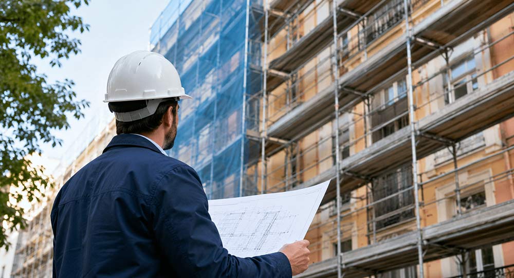 Rehabilitación de fachada en comunidad de propietarios con andamios