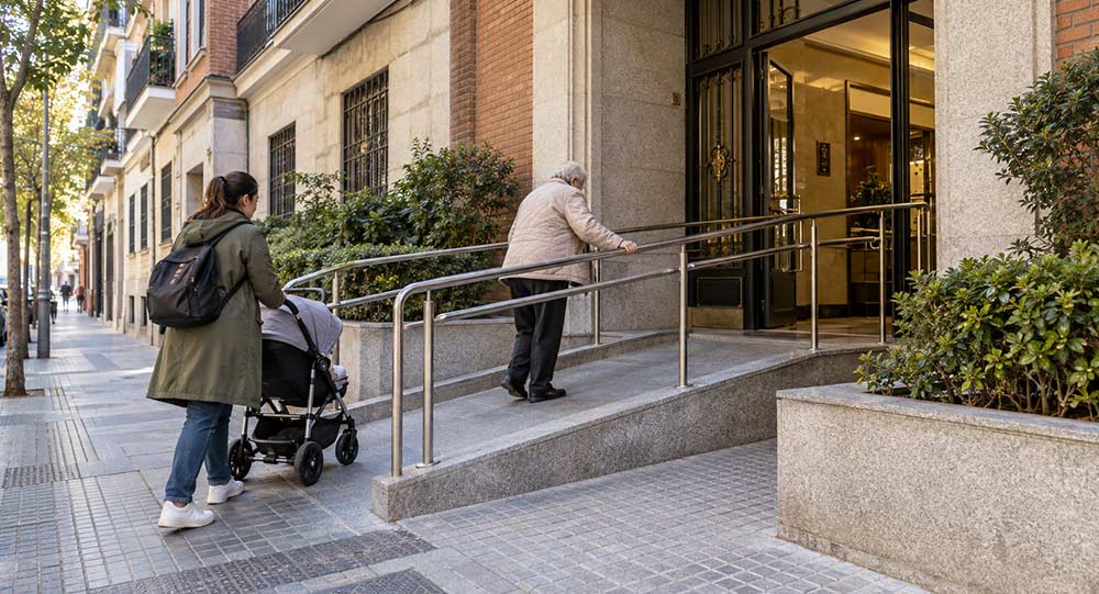 Informativa con clara intención de actuación: comunidades que necesitan resolver barreras de acceso, adaptar recorridos o estudiar qué intervención resulta viable en su edificio.